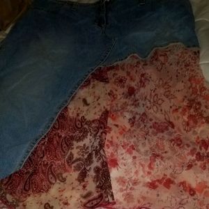 Red flowered denim medium length skirt size medium